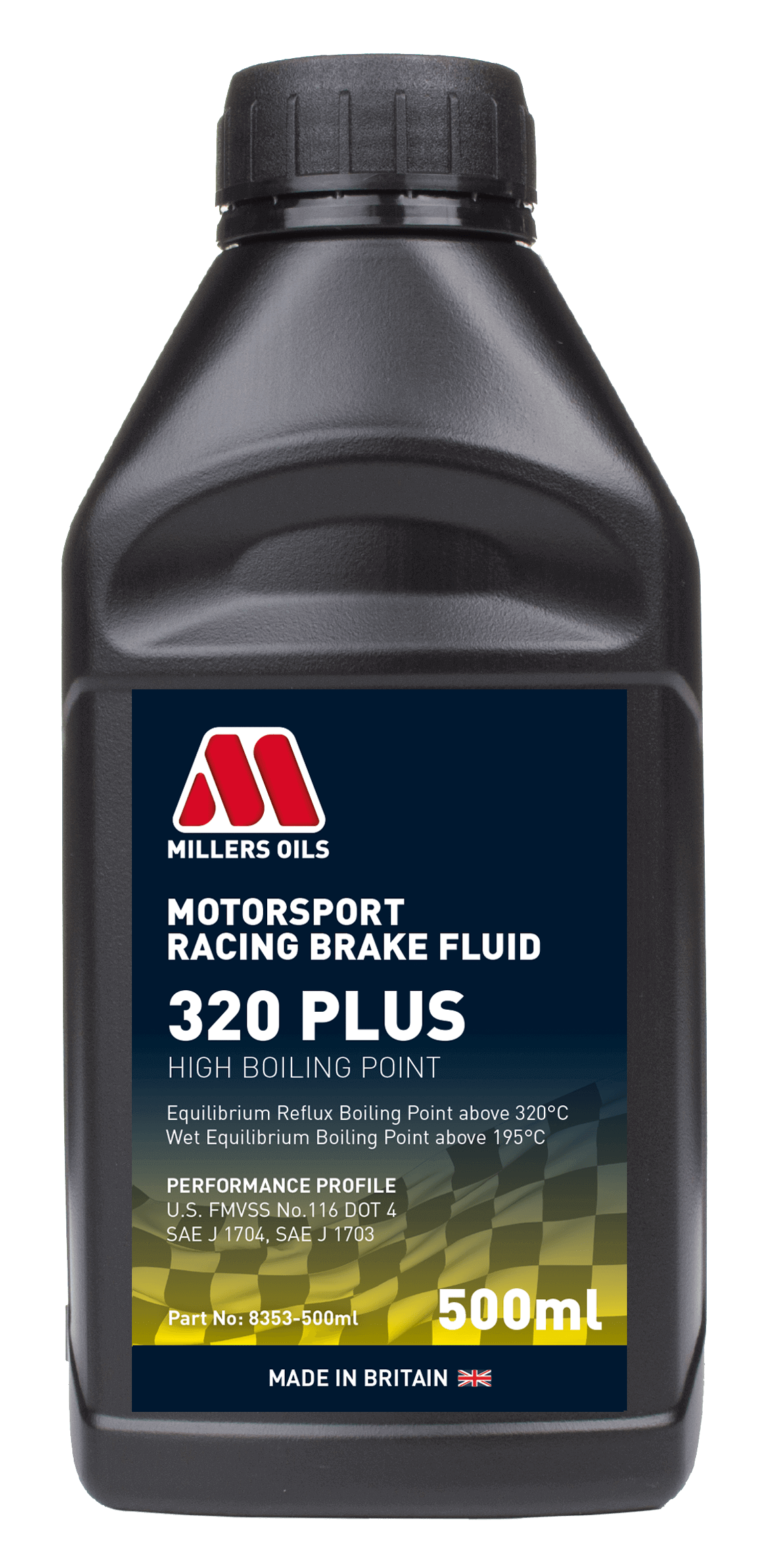 Millers Racing Brake Fluid 320 Plus 500ml bottle, high-performance brake fluid for racing and high-temperature braking systems.