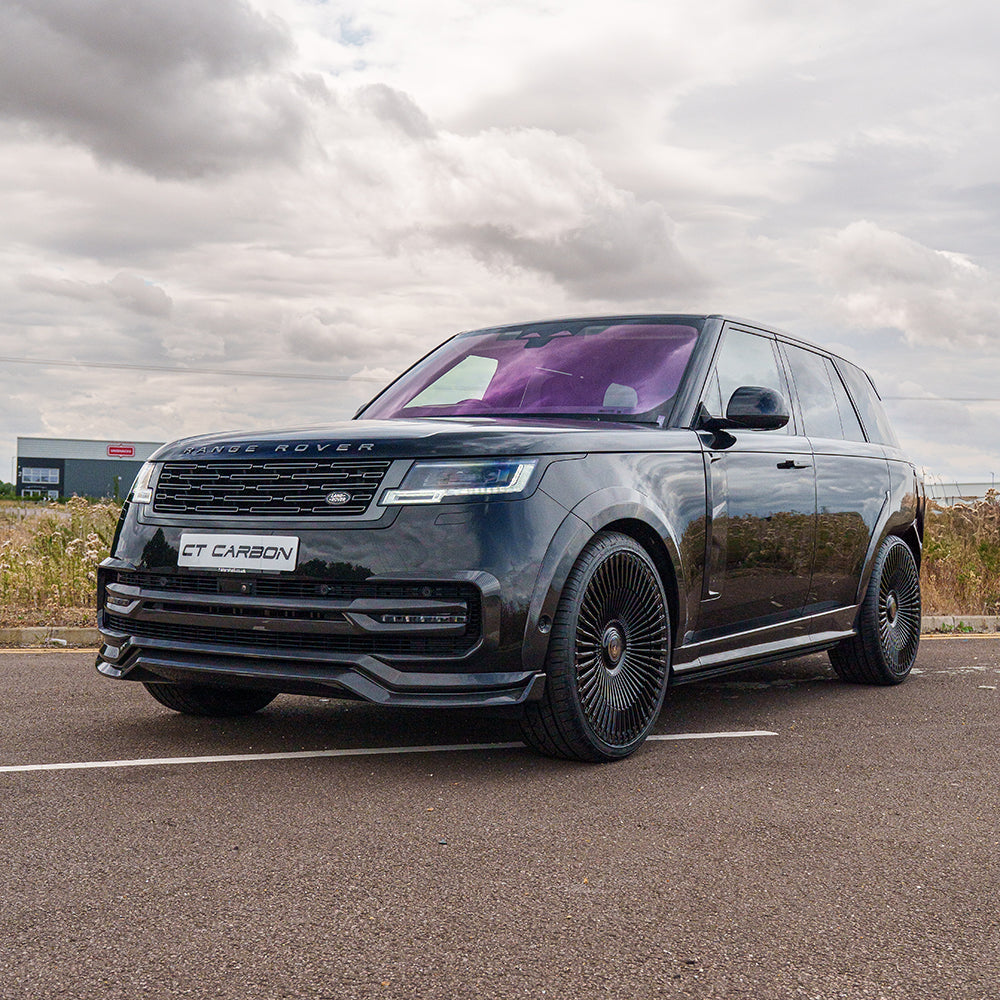 Range Rover L460 2022+ CT Carbon fiber wide arch extensions showing sleek, black carbon fiber arches on the vehicle's wheel arches.