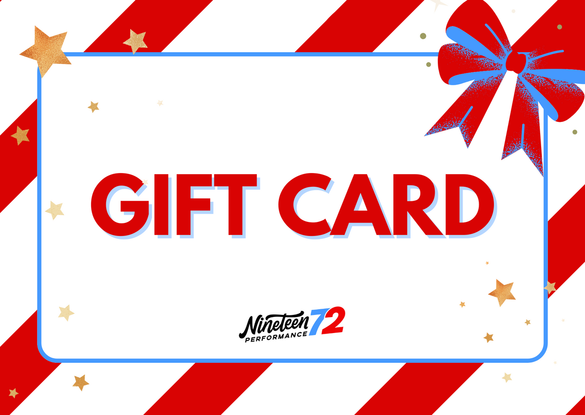 Red and white modern Christmas gift card from Nineteen72 Performance featuring festive holiday design.
