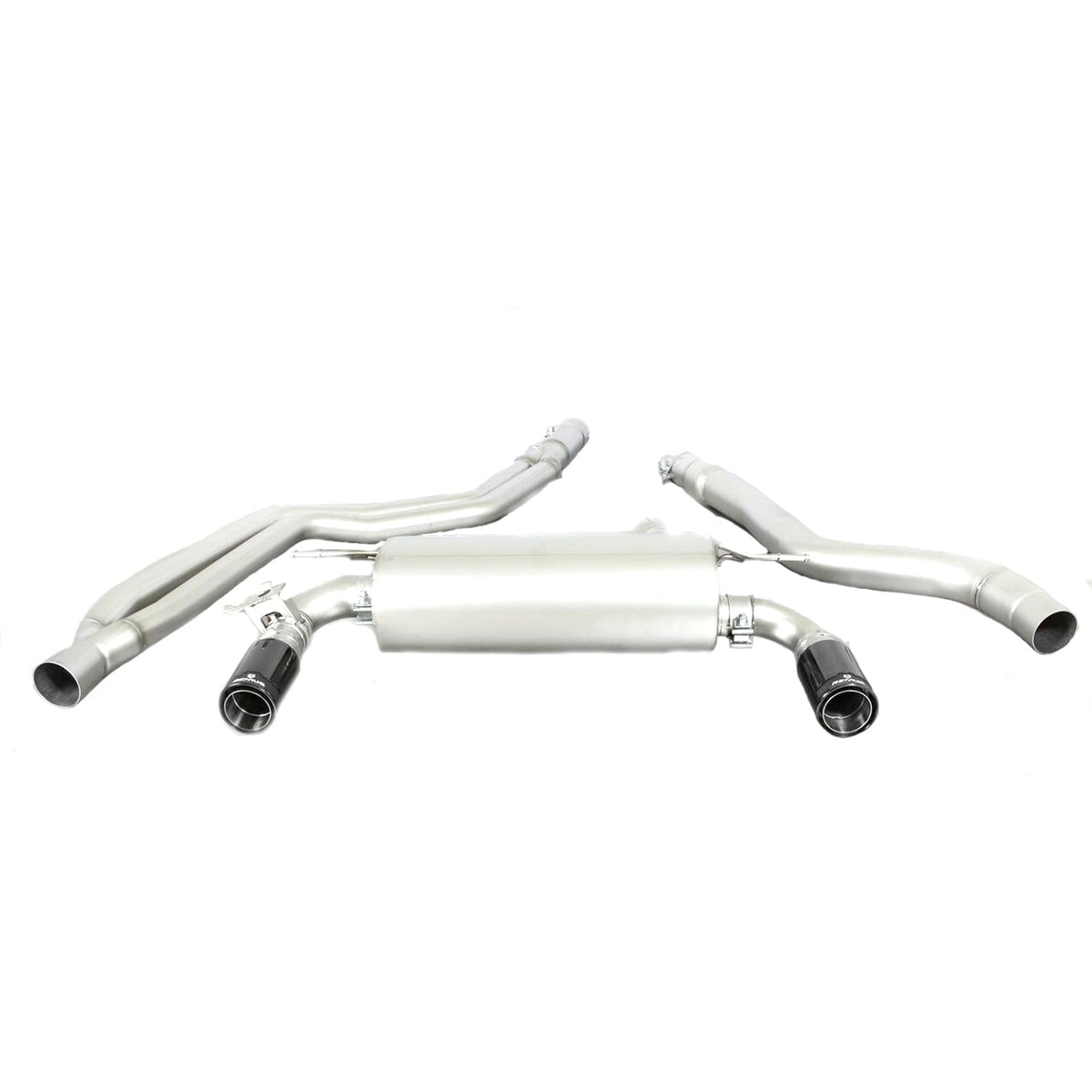 Remus BMW axle-back rear silencer exhaust for 340i/440i LCI non-GPF vehicles, mounted on a BMW F30/F31/F32/F36 model.