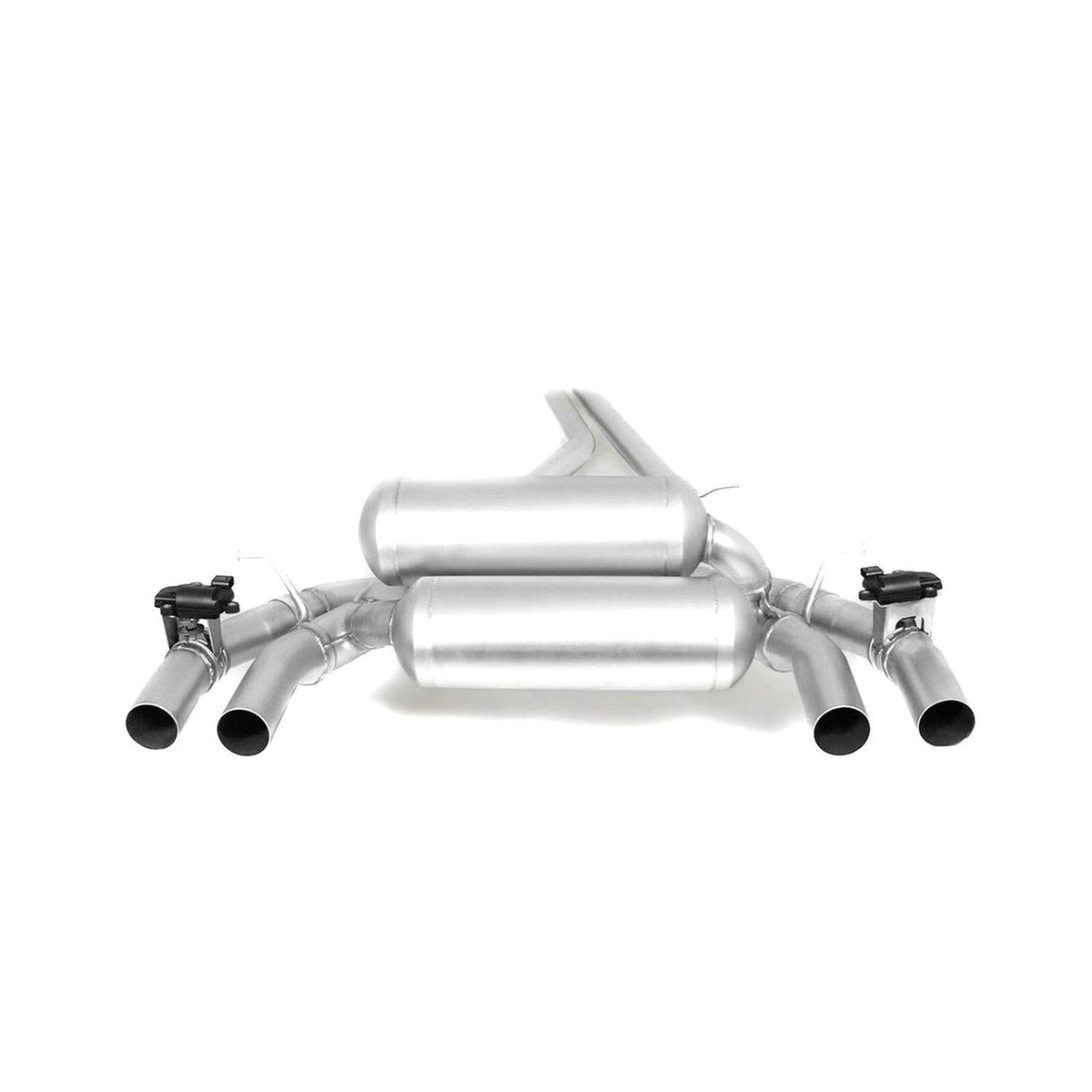 Remus BMW F87 M2 cat-back exhaust system installed, showcasing stainless steel pipes and dual tips for enhanced performance and sound.