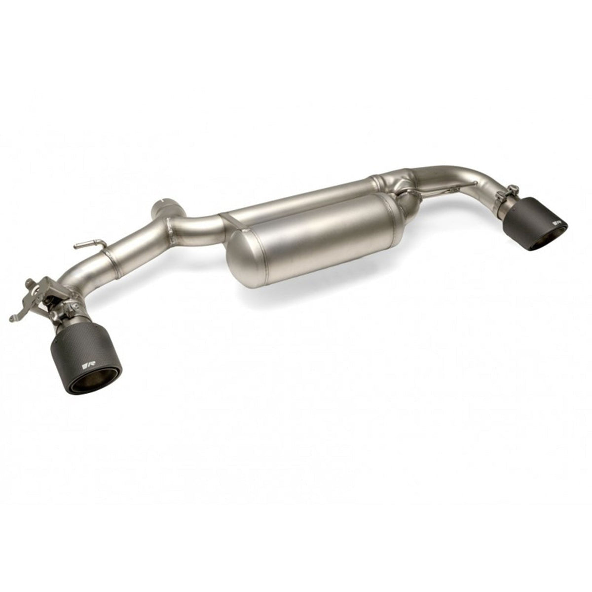 Remus BMW M135i M235i xDrive axle-back exhaust system installed on F40 and F44 models, showcasing the stainless steel exhaust tips.