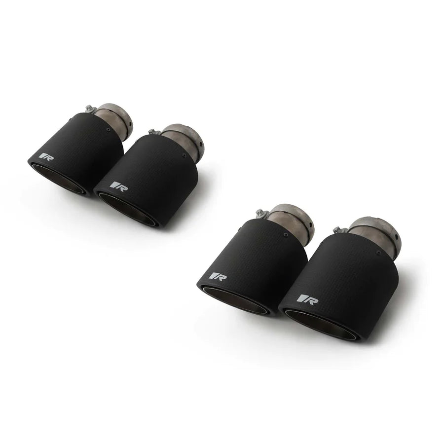 Remus carbon fibre 102mm angled exhaust tips with titanium internals set for BMW M3 M4 G80 G82 G83, racing style.