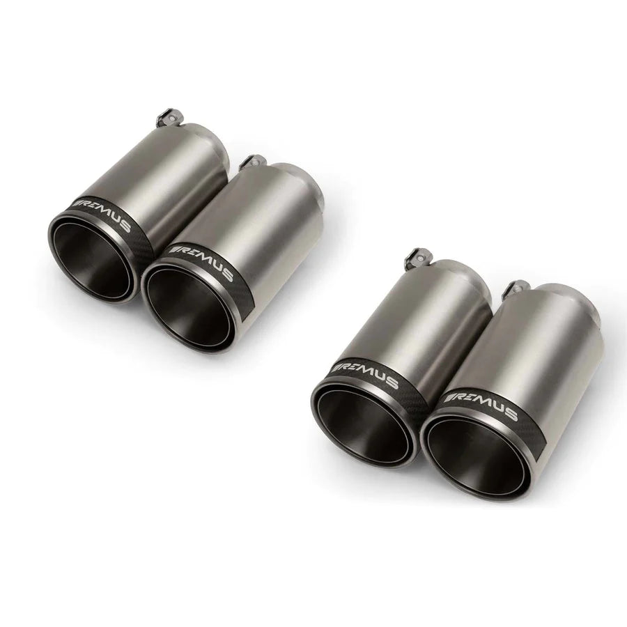 Remus stainless steel 98mm street race exhaust tips with carbon fibre inserts for BMW M3 M4 G80 G82 G83, set of 4