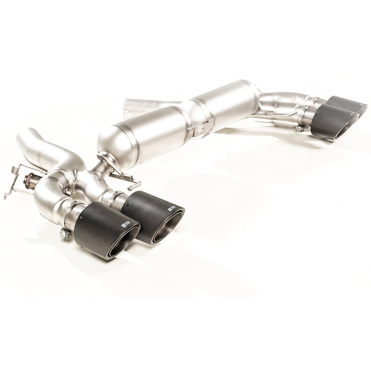 Remus BMW M5 M8 Racing axle-back rear silencer exhaust for GPF vehicles, showcasing the polished exhaust tips and sleek design.