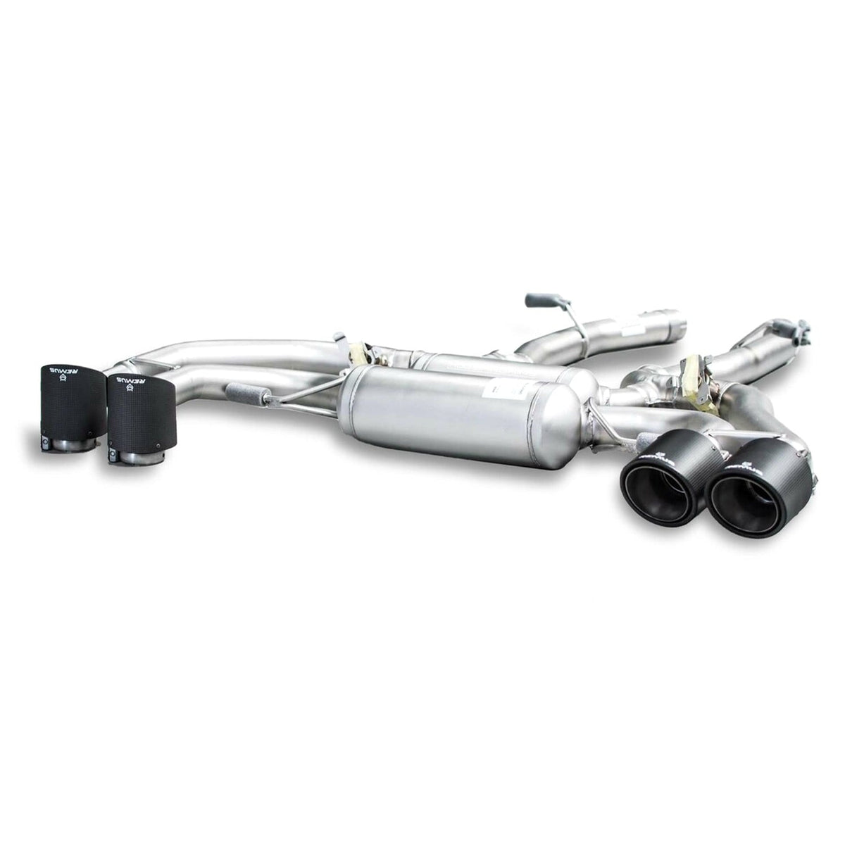 Remus BMW X3M/X4M axle-back rear silencer exhaust system installed on F97/F98 models, showcasing the polished exhaust tip and design.
