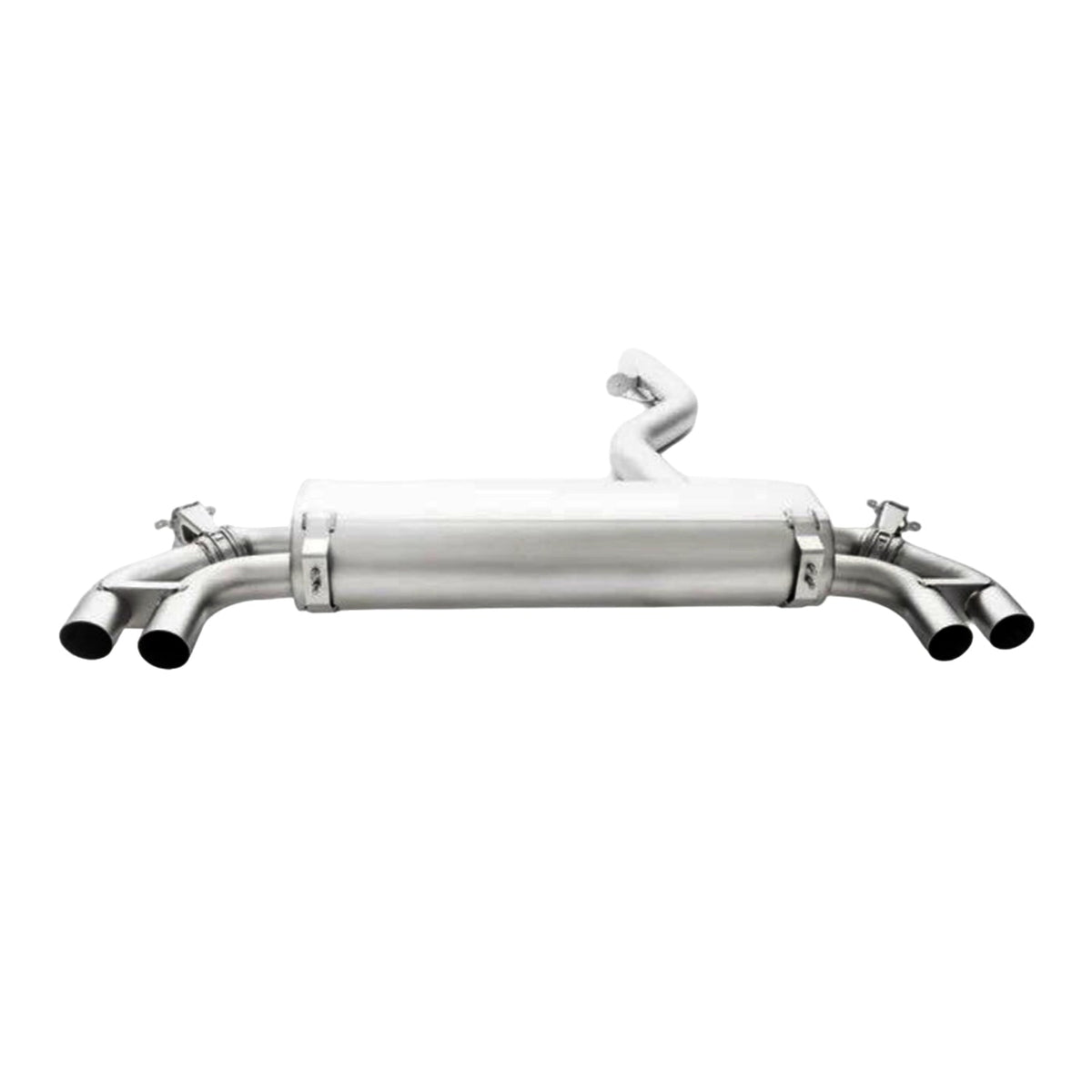 Remus stainless steel axle back exhaust system for BMW M240i G42, showing the polished exhaust tips and sleek design.