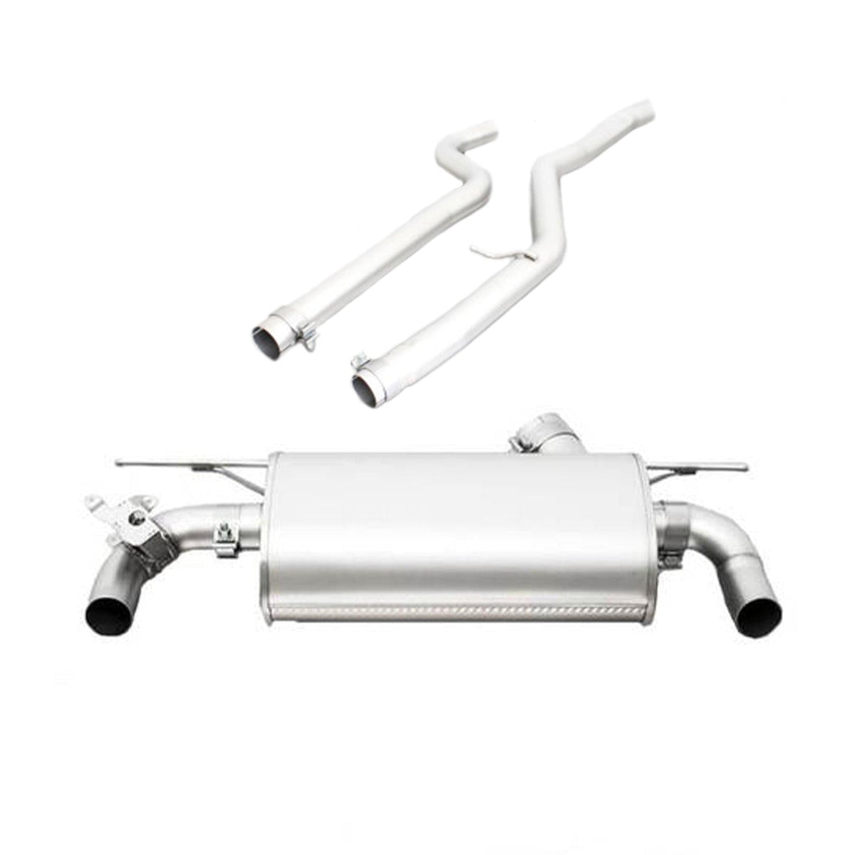 Remus BMW M240i cat back exhaust system installed on F22/F23, showcasing polished stainless steel pipes and dual exhaust tips.