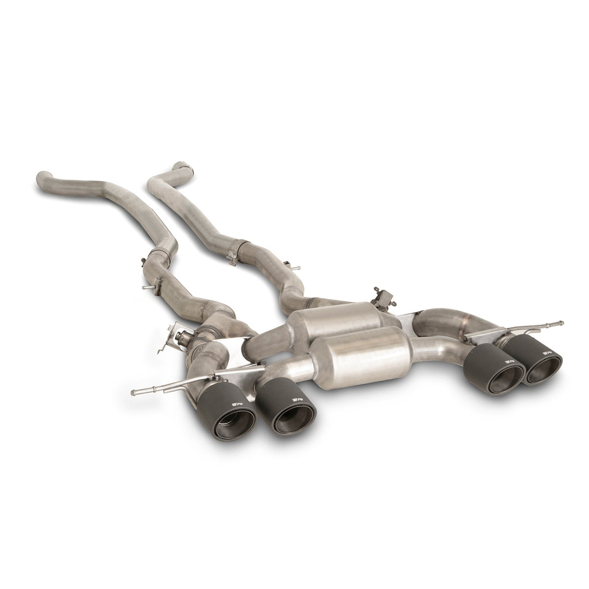 Remus BMW M3 M4 racing secondary cat back exhaust system installed on G80 G82 G83 models, showcasing polished stainless steel pipework and tips.
