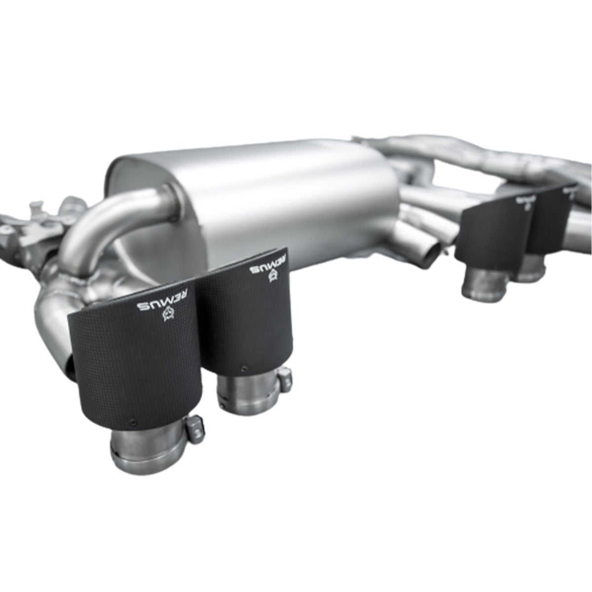 Remus stainless steel cat-back exhaust system for BMW M3 and M4 F80, F82, F83 models, shown installed with polished tips.