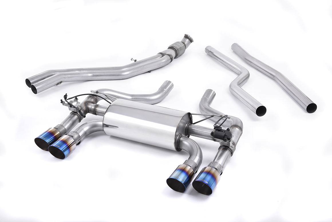 Milltek Sport BMW M2 F87 cat back exhaust system installed, showcasing stainless steel pipes and dual exhaust tips.