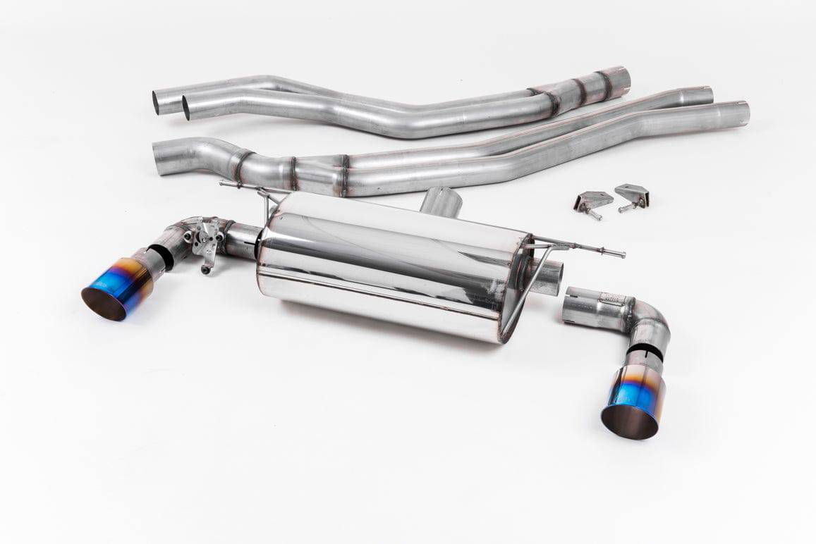 Milltek Sport BMW M140i F20 F21 LCI cat back exhaust system, stainless steel pipes and muffler, installed on vehicle.