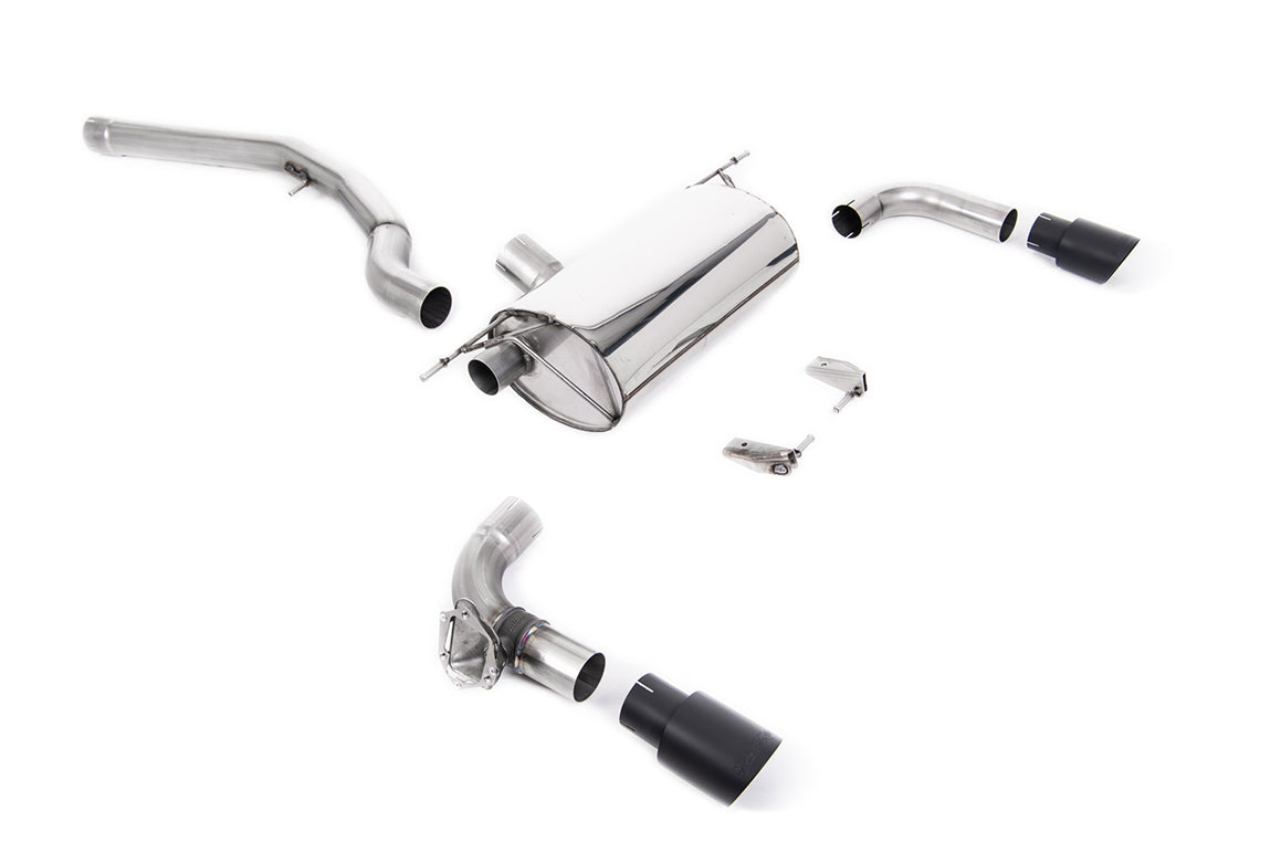 Milltek Sport BMW M240i F22 F23 cat back exhaust system with polished tips, designed for 2015-2020 models, shown from side view.
