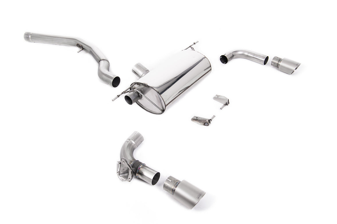 Milltek Sport GPF/OPF back exhaust system for BMW M140i F20 F21 LCI 2019-2020, showing polished metal exhaust pipes.