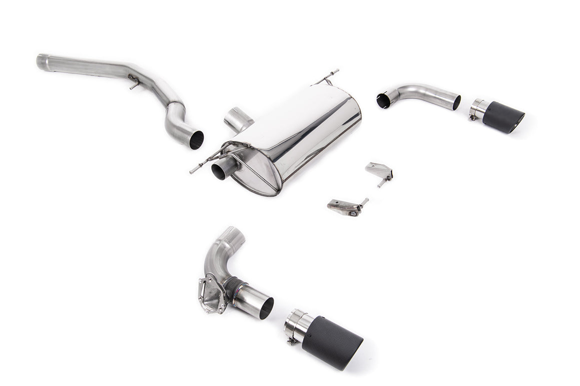 Milltek Sport cat back exhaust system for BMW M240i F22 F23 2015-2020, showing polished stainless steel pipes and dual exhaust tips.