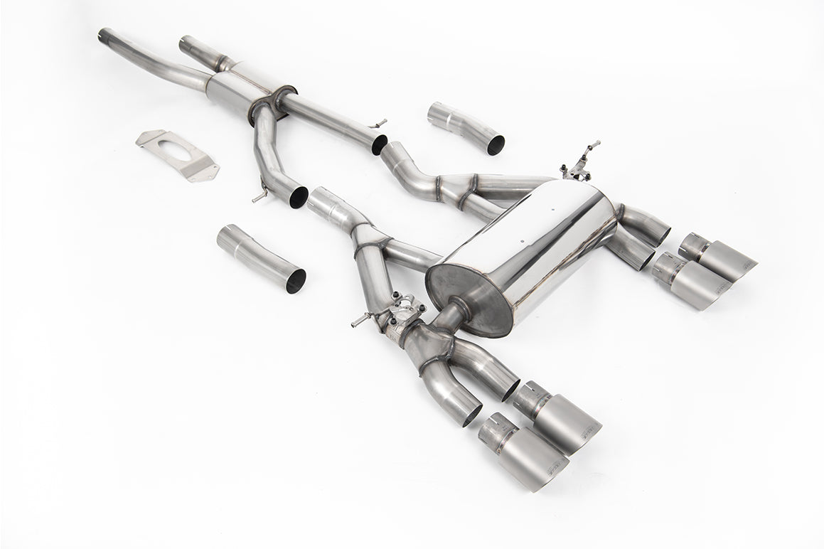 Milltek Sport BMW M3 F80 & M4 F82 full cat back exhaust system with OPF, showing polished stainless steel pipes and mufflers.