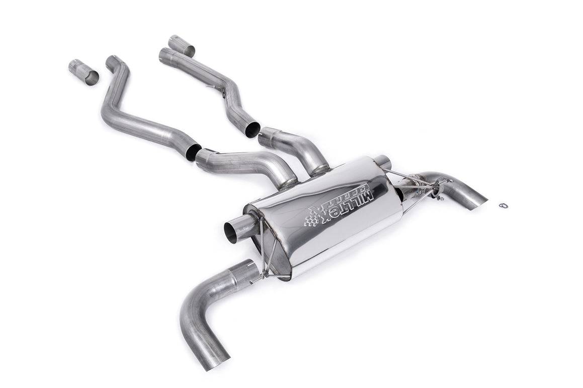 Milltek Sport cat back exhaust system for BMW M340i G20 & G21, showing polished stainless steel pipes and muffler components.