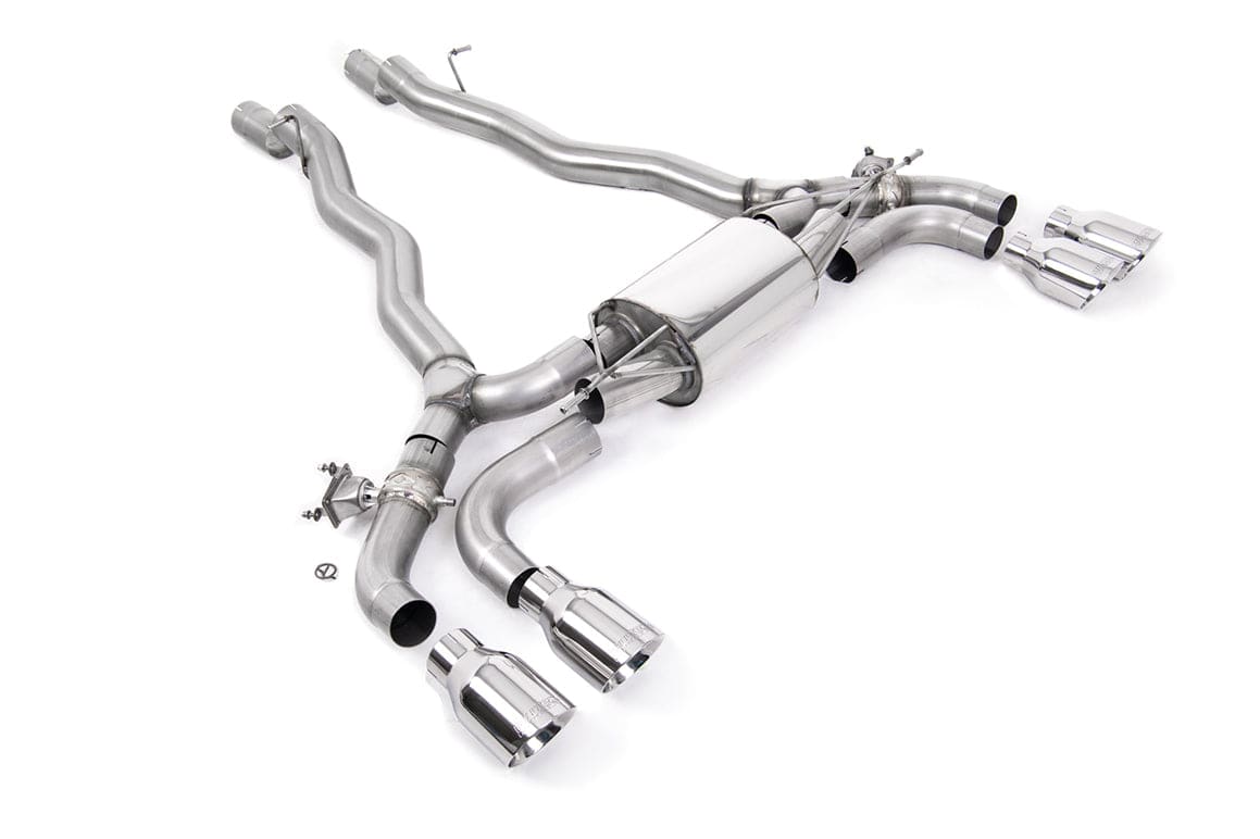Milltek Sport BMW M5 F90 LCI GPF/OPF back exhaust system with dual tips on vehicle, showcasing stainless steel construction.