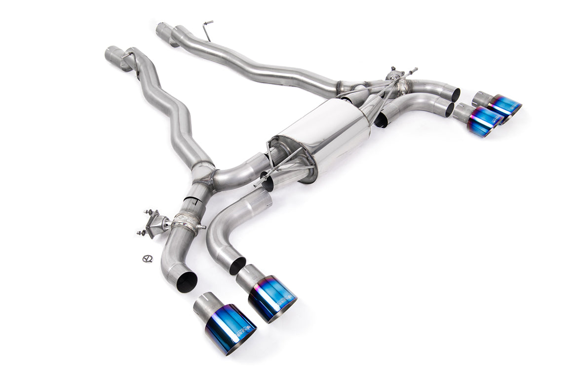 Milltek Sport BMW M5 F90 LCI GPF/OPF back exhaust system with dual chrome exhaust tips on a sleek black car.