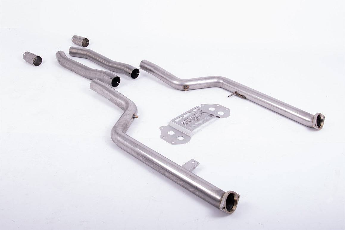 Milltek Sport BMW M3 G80 G81 & M4 G82 G83 centre section exhaust bypass pipe in stainless steel, showcasing polished metal and connection points.