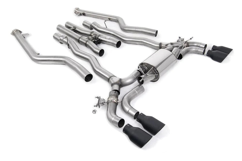 Milltek Sport BMW M5 F90 LCI GPF/OPF back exhaust system with polished stainless steel pipes and dual exhaust tips.