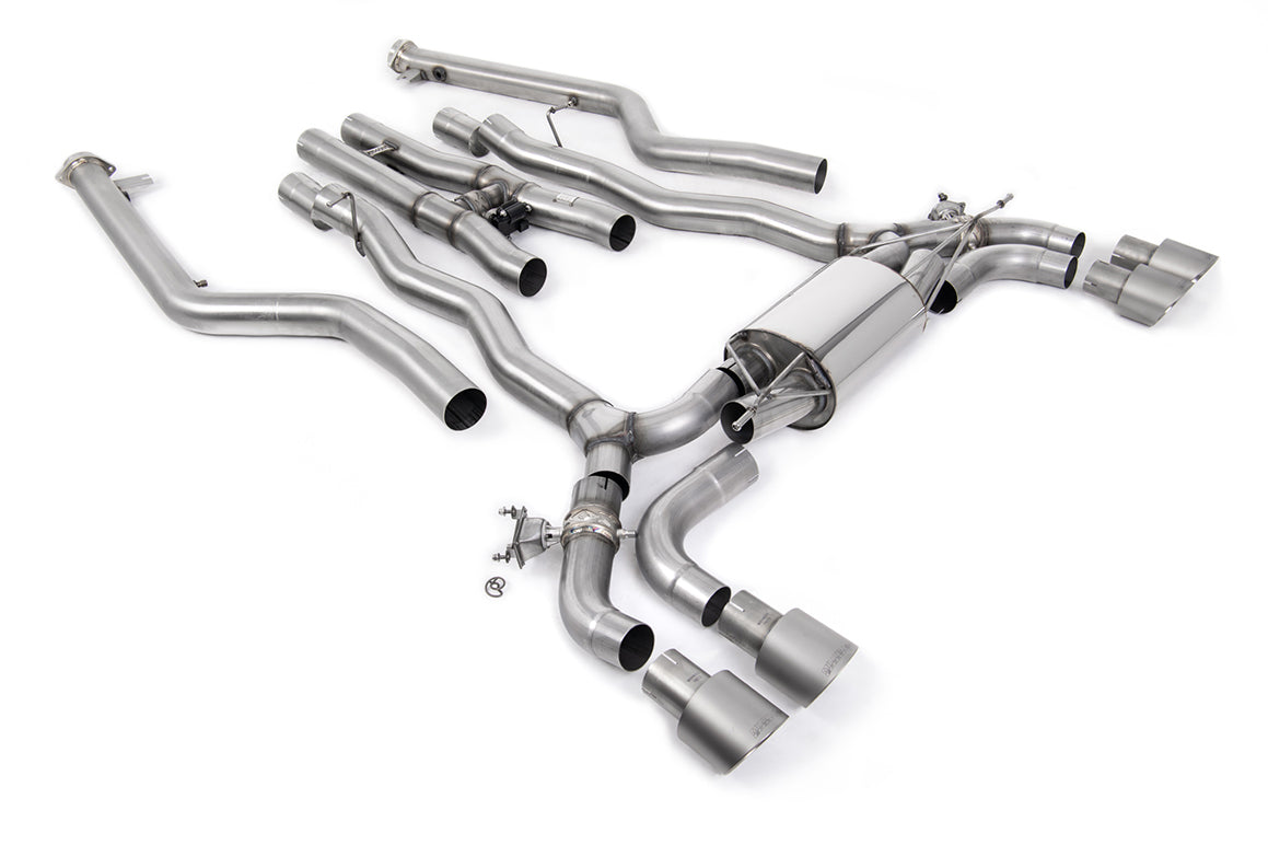 Milltek Sport GPF/OPF back exhaust system for BMW M5 F90 LCI 2021+ showing silver exhaust pipes and muffler components.