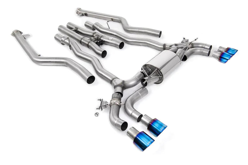 Milltek Sport BMW M5 F90 LCI GPF/OPF back exhaust system with dual exhaust tips and sleek stainless steel finish.