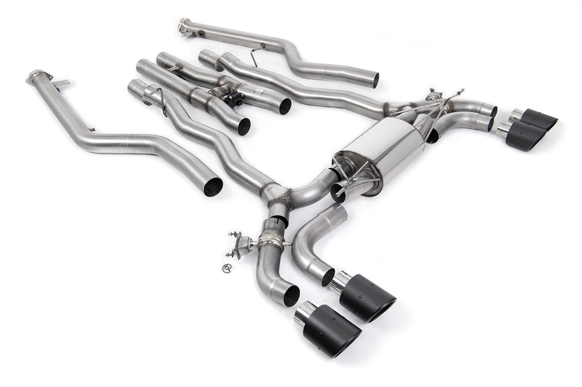 Milltek Sport BMW M5 F90 LCI GPF/OPF back exhaust system with dual chrome tips and sleek stainless steel pipes.