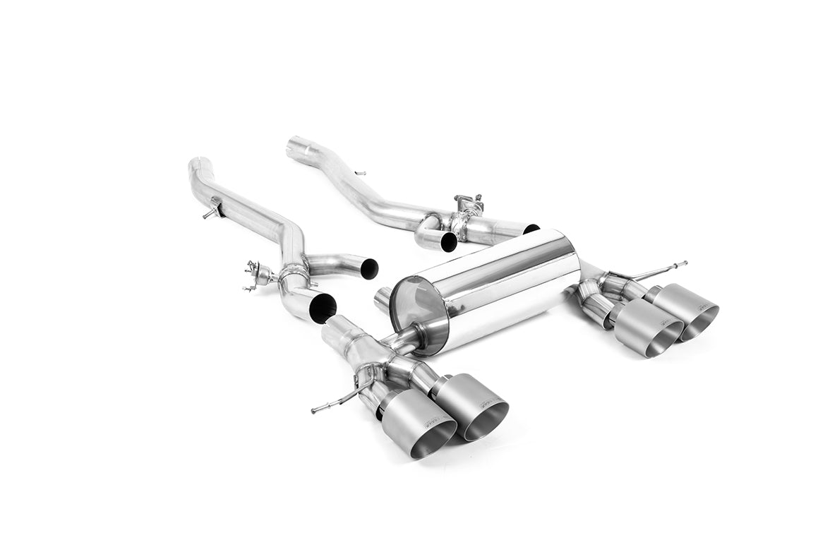 Milltek Sport BMW M2 G87 S58 2023+ cat-back exhaust system, showcasing polished stainless steel pipes and dual exhaust tips.