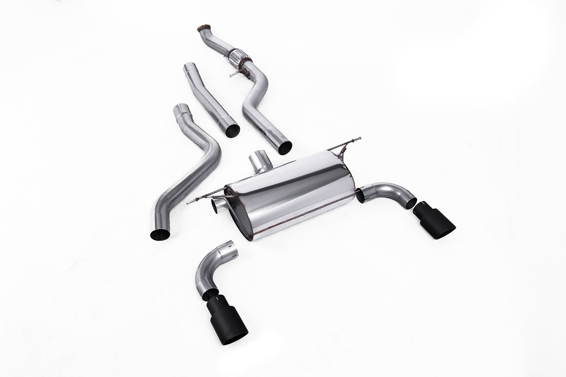 Milltek Sport BMW M135i F20 F21 cat-back exhaust system with rear silencer, stainless steel design, and polished finish.