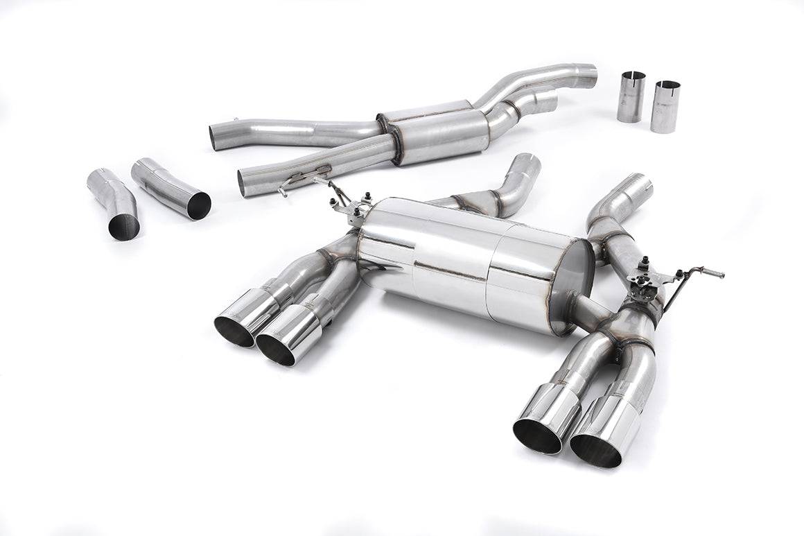 Milltek Sport full cat back exhaust system for BMW M3 F80 & M4 F82, showing stainless steel pipes and exhaust tips.