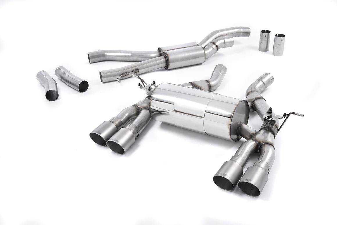 Milltek Sport BMW M3 F80 & M4 F82 full cat back exhaust system with polished stainless steel pipes and mufflers.
