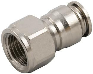 Straight female NPTF air ride fitting by Nineteen72 Performance, showing the full view of the connector with threading detail.