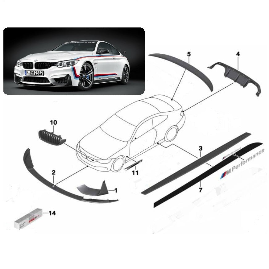 Genuine BMW F82/F83 M4 full carbon exterior trim kit, including front and rear body panels, for enhanced sporty appearance.
