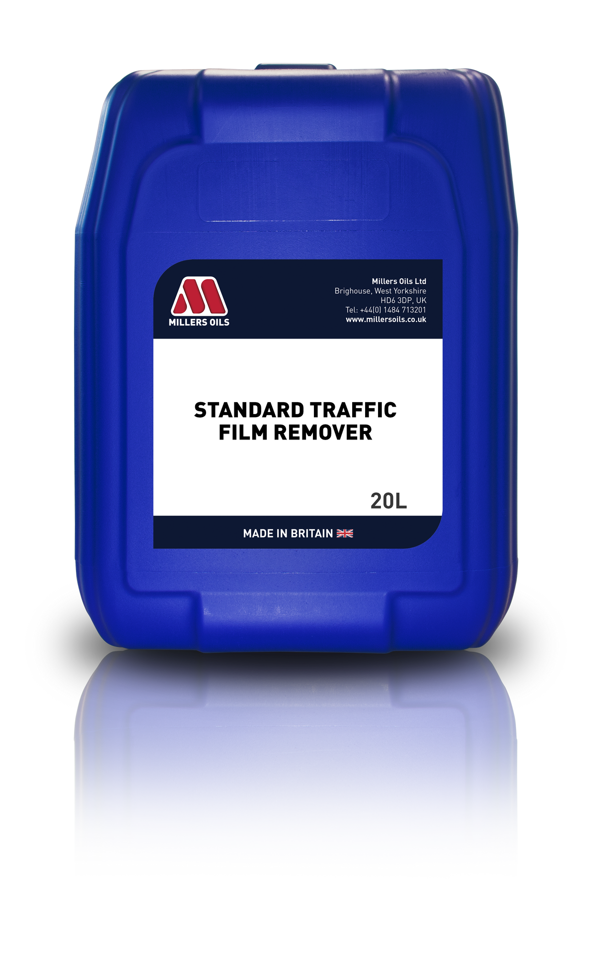 Millers Oils Standard Traffic Film Remover 20L container for car detailing, designed to remove road grime and grease effectively.