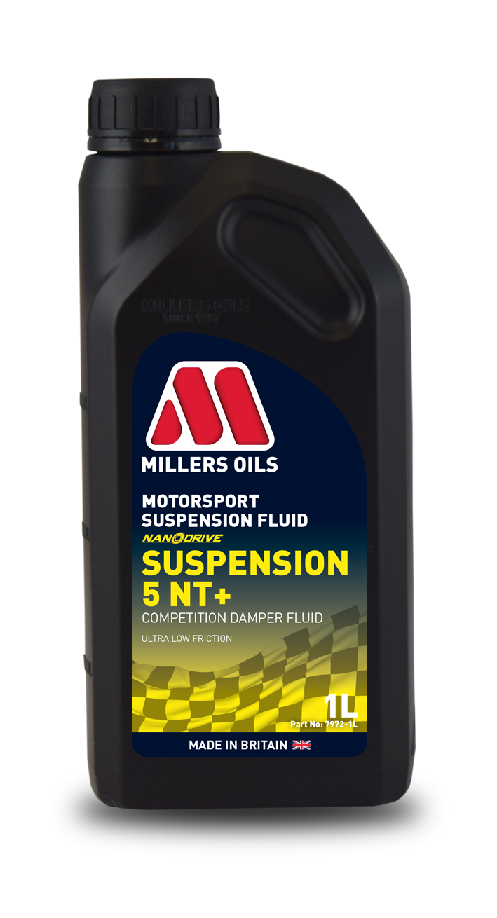 Millers Motorsport Suspension Damper Fluid 5 NT+ in a 1-liter container, designed for vehicle suspension systems by Millers Oils.