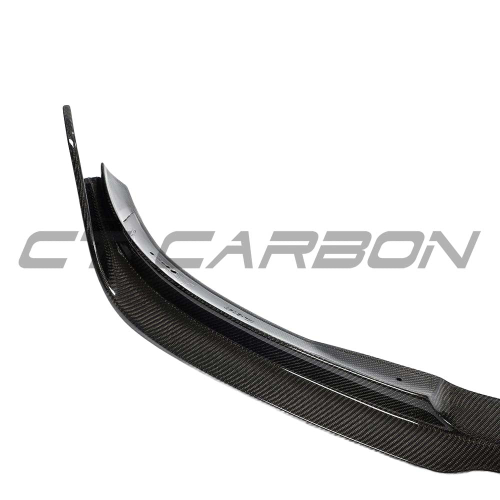 Tesla Model 3 2017-2023 CT Carbon V2 carbon fibre splitter installed on front bumper, showcasing its sleek, aerodynamic design.