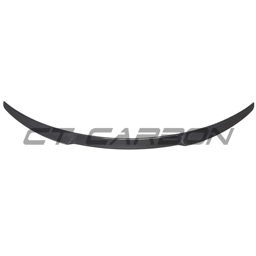 Tesla Model Y MK1 carbon fibre spoiler by CT Carbon, V1, showing sleek design and textured carbon fiber surface.