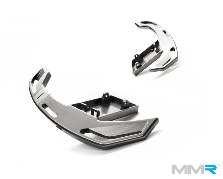 Titanium gear shift paddles for BMW G-Series F90, F40, and Supra J29 steering wheels by MMX Performance.