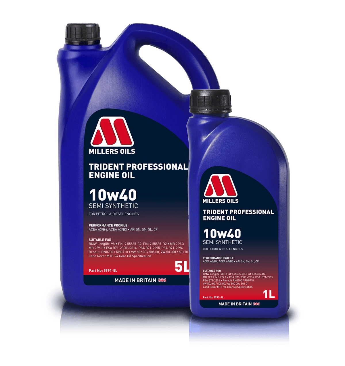 Millers Oils Trident Professional 10W40 engine oil container, designed for automotive engine lubrication.