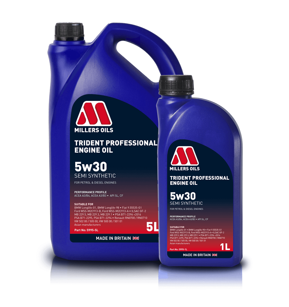 Millers Oils Trident Professional 5W30 engine oil container, showcasing the high-quality motor oil product for vehicle maintenance