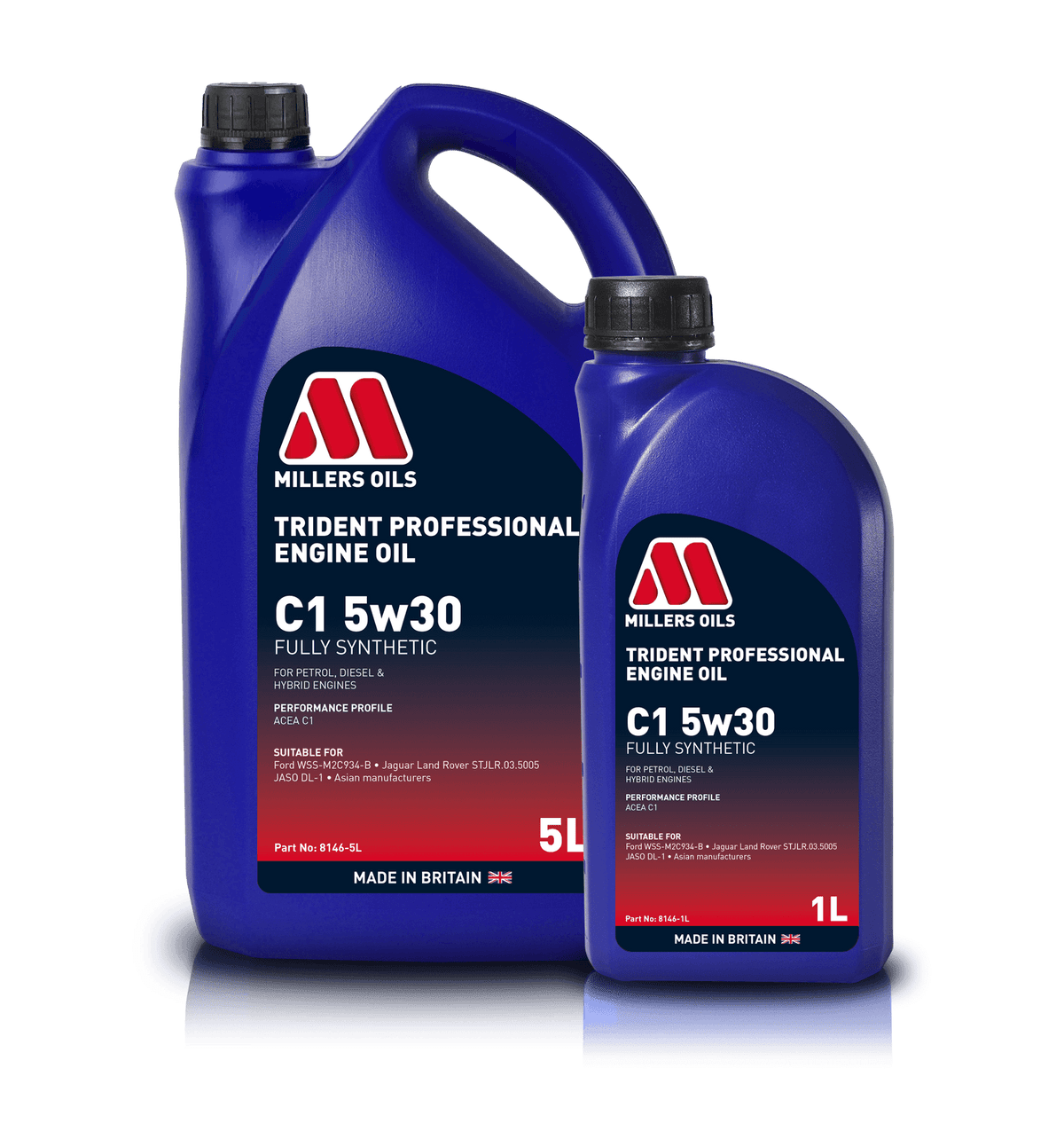 Millers Oils Trident C1 5W30 engine oil container showing the label and branding for vehicle engine lubrication.