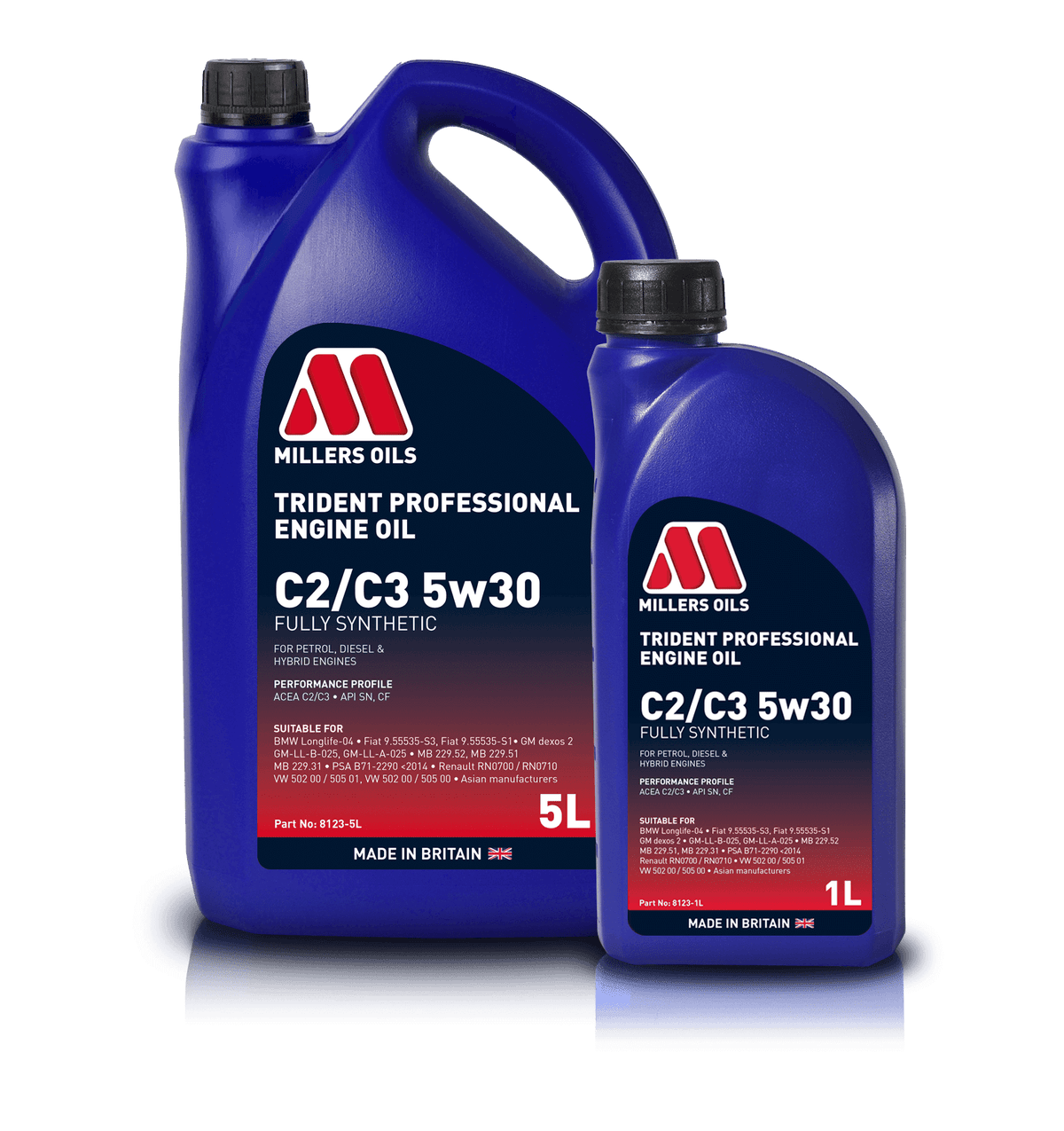 Millers Oils Trident C2/C3 5W30 engine oil container, high-performance automotive engine oil for optimal lubrication and protection.