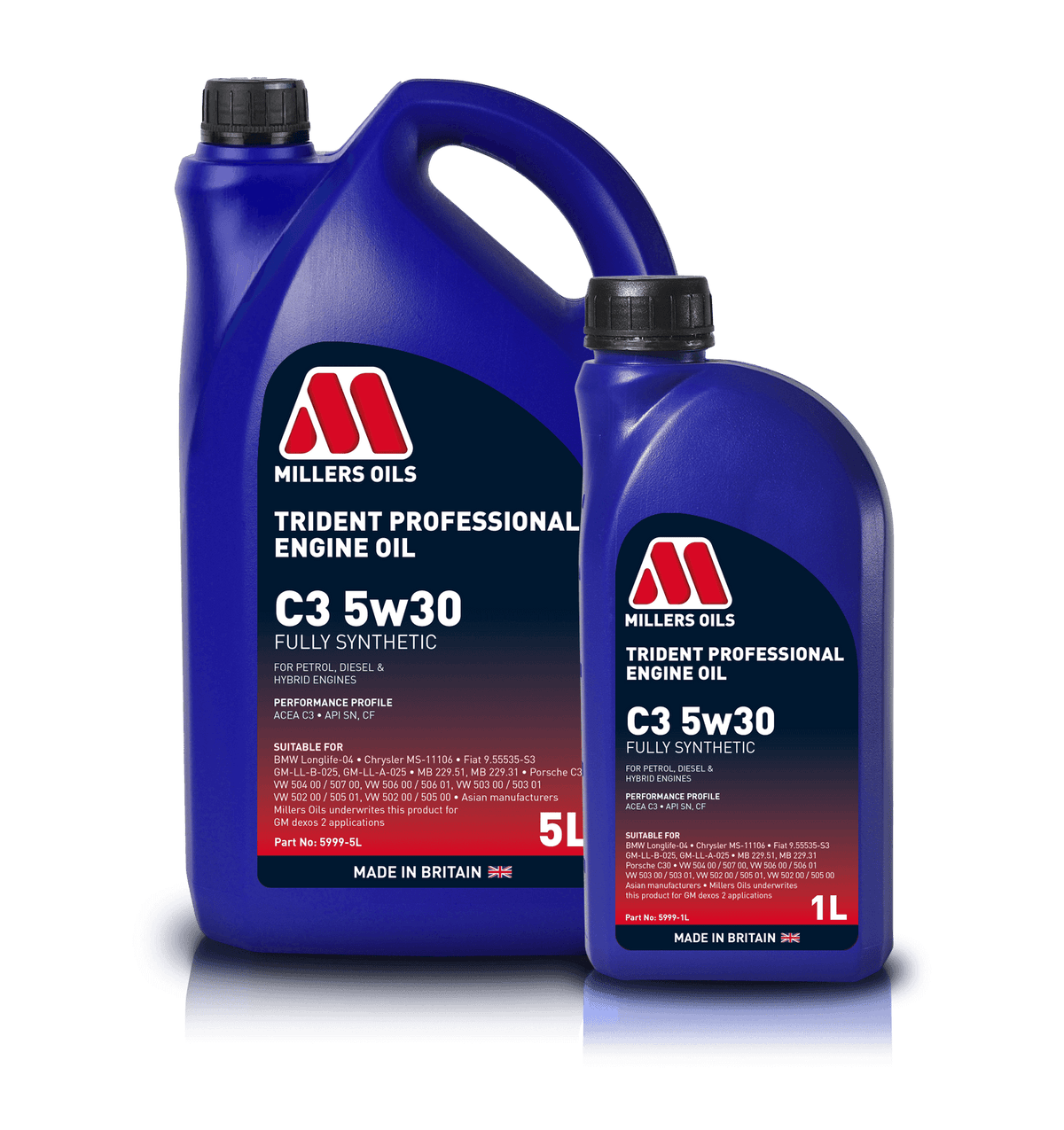 Millers Oils Trident C3 5W30 engine oil bottle, suitable for car engines, with label showing product details and brand logo.