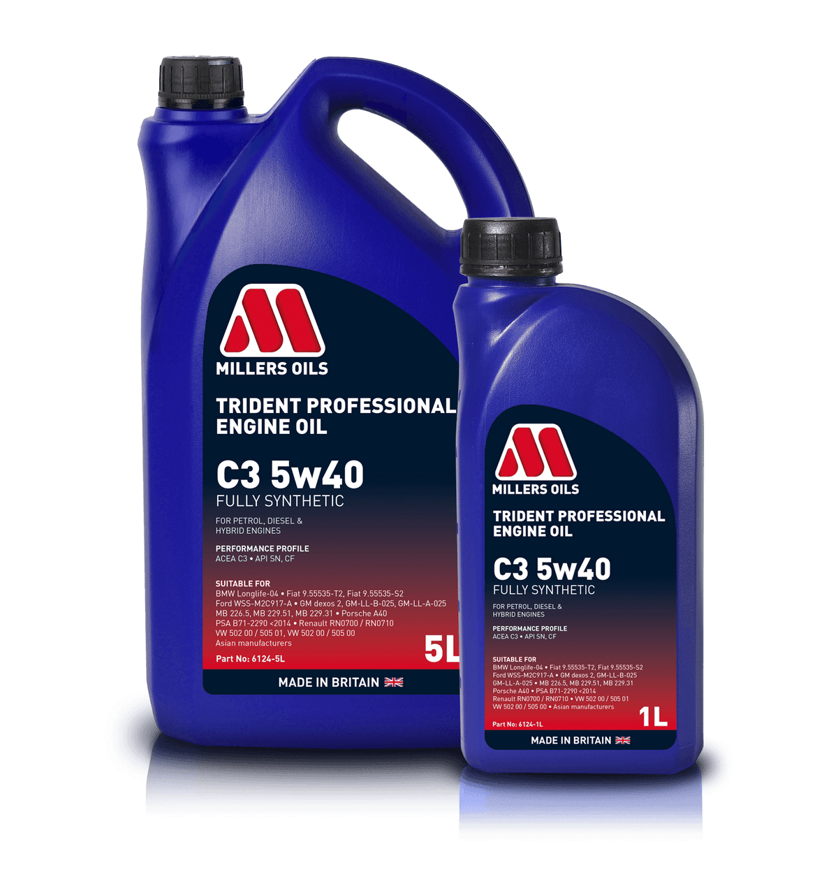 Millers Oils Trident C3 5W40 engine oil container, suitable for automotive engines, with clear label and cap visible.