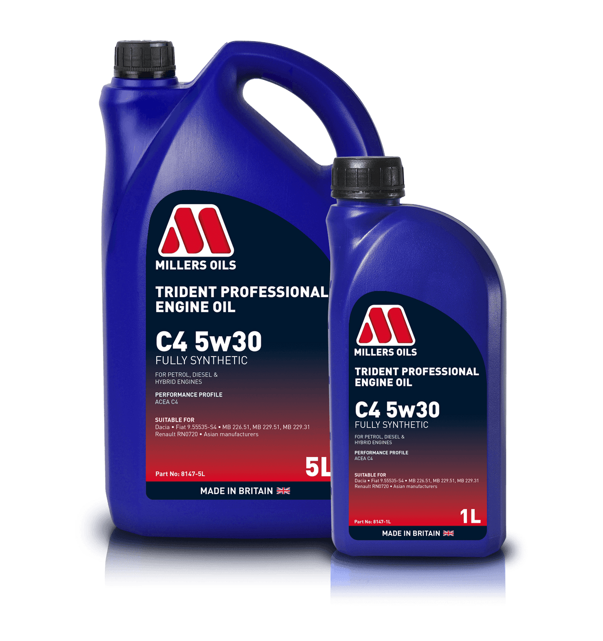 Millers Oils Trident C4 5W30 engine oil bottle, showing the product label and branding for automotive engine lubrication.