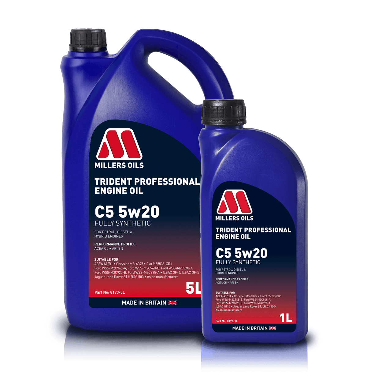 Millers Oils Trident C5 5W20 engine oil container, showing the product label and packaging for vehicle engine lubrication.