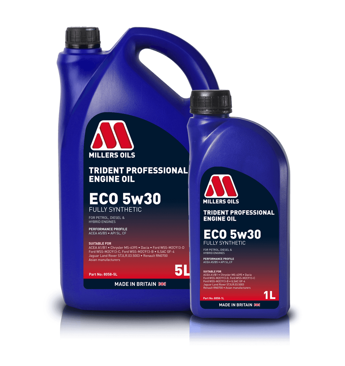 Millers Oils Trident Eco 5W30 engine oil container, professional-grade motor oil for automotive engine performance