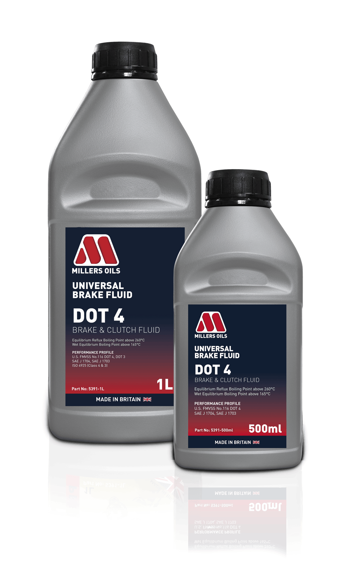 Millers Universal Brake Fluid DOT 4 in a container, suitable for automotive brake systems, by Millers Oils.