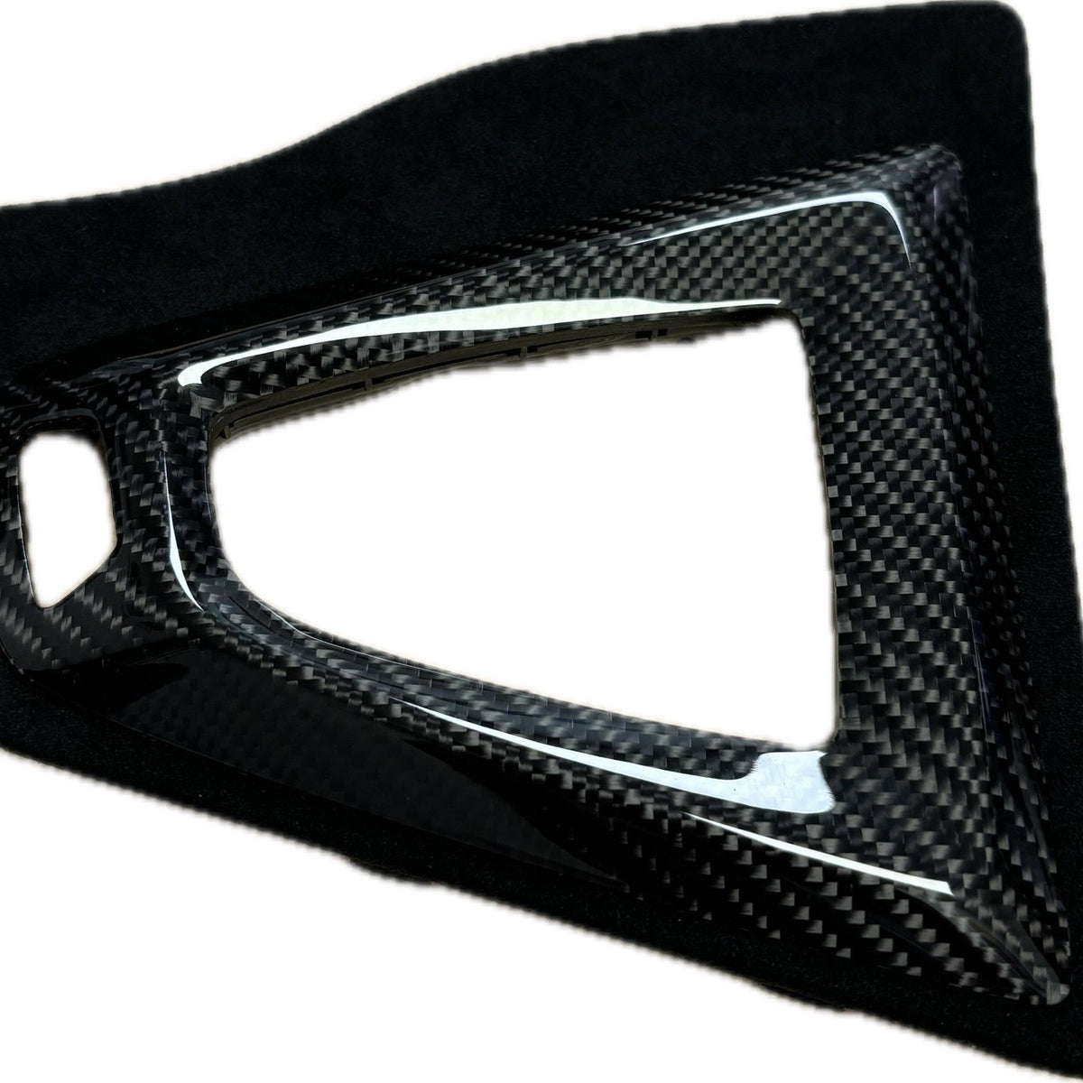 Genuine BMW M Performance carbon Alcantara gear selector surround for M3 and M4 interior trim, featuring sleek black finish.